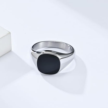 PAMTIER Stainless Steel Square Gemstone Inlaid Signet Rings for Women Men Classic Simple Band Minimalist Jewelry Gift - color: Silver