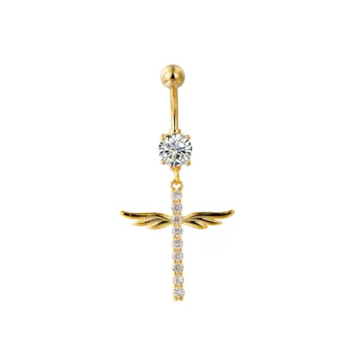 14G Crystal Wing Dangle Belly Button Ring for Women Cubic Zirconia Belly Curved Navel Barbell Dangle Piercing Sparkling Body Piercing Jewelry - color: Gold