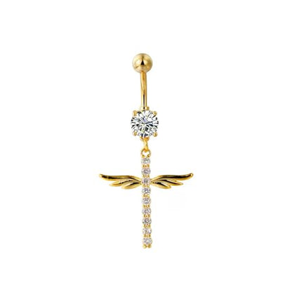 14G Crystal Wing Dangle Belly Button Ring for Women Cubic Zirconia Belly Curved Navel Barbell Dangle Piercing Sparkling Body Piercing Jewelry - color: Gold