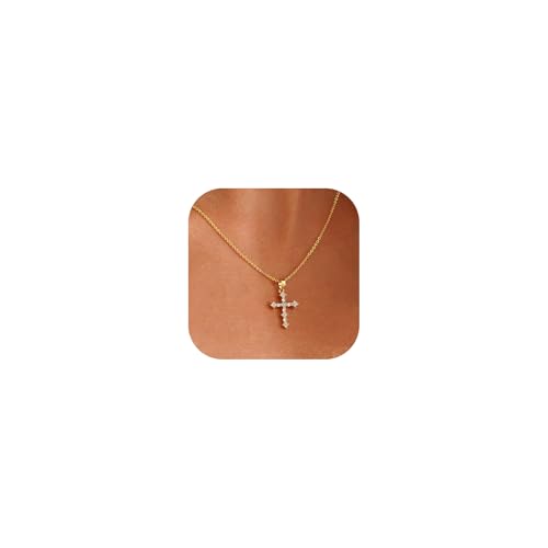 Cross Necklace for Women, 14K Gold Plated Cubic Zirconia Cross Pendant Necklace, Trendy Christian Jewelry Gifts for Baptism First Communion Christmas - color: Style C - Gold