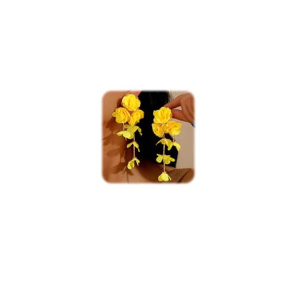 Fabric Flower Earrings for Women Colorful Long Tassel Floral Drop Earrings Fashion Boho Exaggerated Statement Beach Party Jewelry - color: yellow