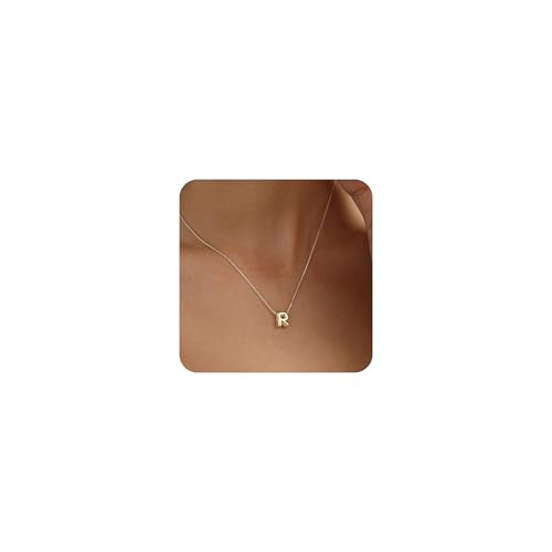 14K Gold Plated Bubble Letter Necklace, Tarnish Free and Waterproof Dainty Initial Necklace for Women, Trendy Personalized Gold Jewelry Gift for Her - color: Gold, style: R