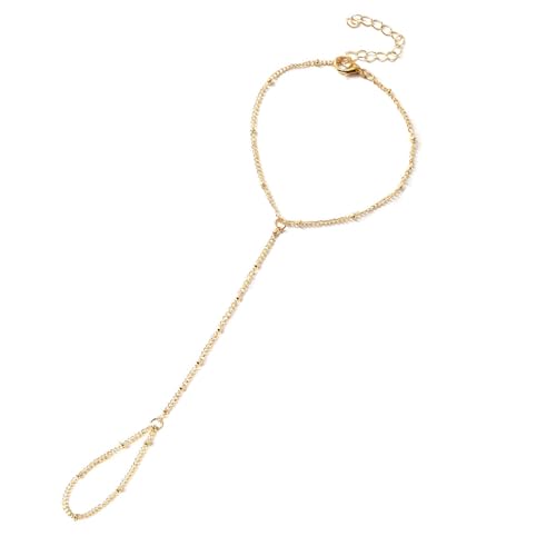 Dainty Gold Hand Chain Bracelet,18K Real Gold Plated Minimalist Handmade Beaded Finger Chain Bracelets for Women - color: Satellite