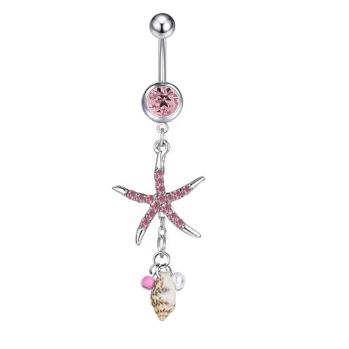 Starfish Dangle Belly Button Rings for Women Rhinestone Ocean Star with Pearl Conch Charm Navel Piercing Stainless Steel Curved Navel Barbell Ring Beach Jewelry - color: Pink