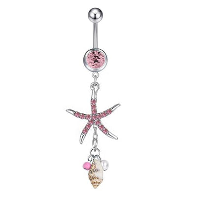 Starfish Dangle Belly Button Rings for Women Rhinestone Ocean Star with Pearl Conch Charm Navel Piercing Stainless Steel Curved Navel Barbell Ring Beach Jewelry - color: Pink