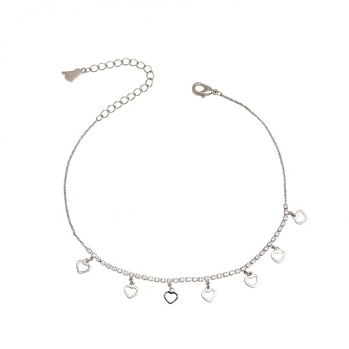 Silver Heart Charm Link Anklet for Women, Adjustable Handmade Cubic Zirconia Stackable Waterproof Summer Beach Chain Anklets Jewelry Accessories Gift - color: Silver Hollowed Heart