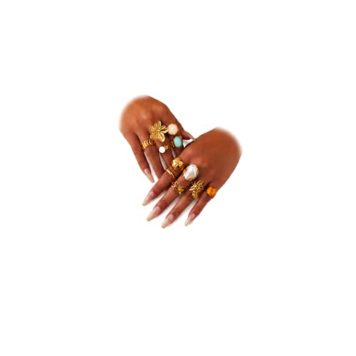 Chunky Gold Rings for Women Non Tarnish, Baroque Pearl Flower Tiger's Eye Stone Rings Adjustable Stacking Statement Rings Set Fashion Jewelry Gifts - style: Chunky Flower