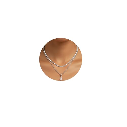 Layered Necklaces for Women, Dainty 14K Gold Plated Diamond Tennis Necklace, Simple Stackable Layered Gold Necklaces for Women Trendy Sparkly Cubic Zirconia Pendant Necklace Set Jewelry Gift - color: Silver- Tennis & Waterdrop Diamond