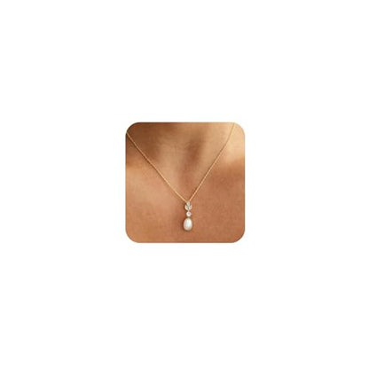 Pearl Necklaces for Women, Dainty Pearl Drop Necklace 14K Gold Plated CZ Pearls Pendant Necklace Small Gold Choker Necklaces for Women Trendy Wedding Jewelry Bridesmaids Gifts - color: Gold Plated-Leaf Pearl