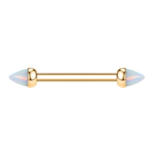 GAGABODY G23 Titanium Pair 14G Nipple Rings Tongue Jewelry Bridge Piercing | Internal Threaded Used in Nipple,Tongue,Bridge 14G Length from 12mm to 18mm Lightweight Daily Wear for Unisex Sensitive Skin - color: Gold+Bullet White Opal, size: 14G+5/8"(16mm)