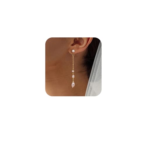 Gold Dangle Earrings for Women, 14K Threader Long Chain Drop Earrings Dangling Dainty Elegant Ear Chain with Tassel and Cubic Zirconia for Wedding Trendy Jewelry Gifts - color: Pearl Tassel