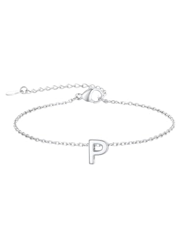 FindChic Initial Bracelets for Women Waterproof Stainless Steel Chain | 14K Gold Plated /Silver Letter A-Z Adjustable Monogram Charm Bracelet Dainty Gift for Women Wife Friend with Gift Box - color: Silver, size: letter P