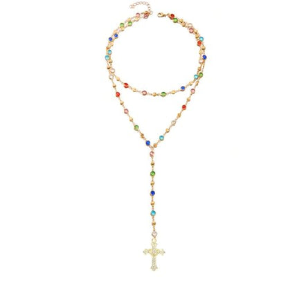 Colorful Crystal Long Necklace for Women Dainty Boho Y-Shaped Color Bead Necklaces Sparkly Rhinestone Pendant Layered Gold Long Chain Choker Good Luck Trend Jewelry Gift Jewelry - color: Cross+Double Gold