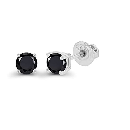 14K Gold Plated 925 Sterling Silver Hypoallergenic 4mm Round Genuine Birthstone Solitaire Screwback Stud Earrings - color: Onyx