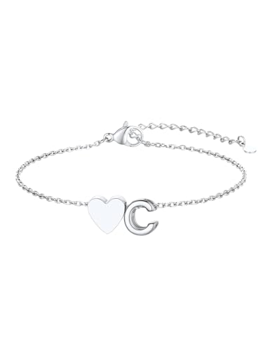 KeyStyle Initial Heart Bracelet for Women Waterproof Stainless Steel Chain | 14K Gold Plated /Silver A-Z Letter Adjustable Charm Bracelet, Hypoallergenic Non Tarnish Dainty Gift for Everyday Wear - color: Silver-C