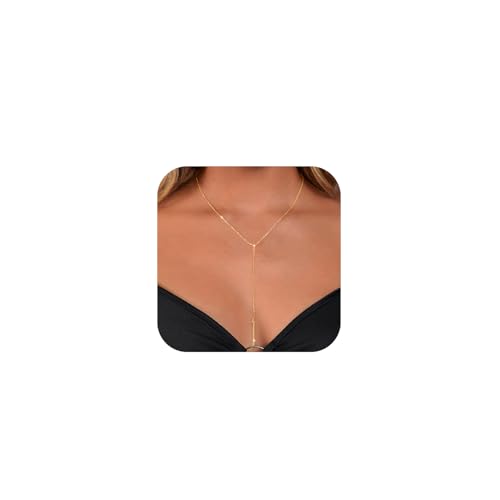 Luxval Lariat Gold Necklace for Women, Dainty Long Necklace 14k Gold Plated/Silver Y-Shaped Pendant Necklaces Trendy Beaded Chain Drop Necklaces Jewelry for Women Gifts - color: Gold-long bar