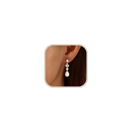 Pearl Earrings for Women, 14k Gold Plated Trendy Diamond Pearl Drop Earrings Bridal Shower Gifts Wedding jewelry for Women - color: Style D Gold