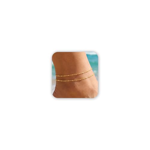 Gold Anklet Set for Women, Layered Beach Anklets | Layered gold-tone ankle bracelets, designed for beach days, vacations, and summer wear - style: Gold Anklet 1