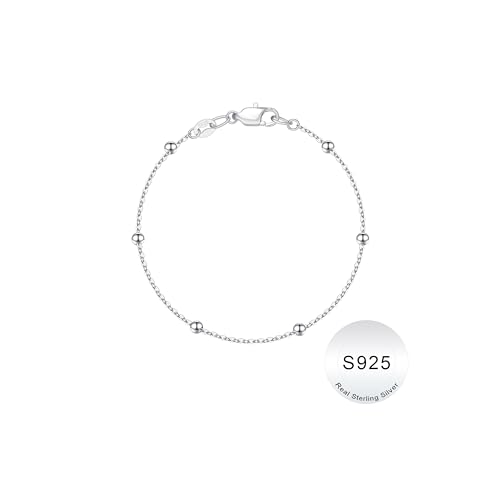 IEFWELL S925 Sterling Silver Bracelet for Women - 14K-Real-Gold-Plated Satellite Bead Chain Bracelet, 6.5/7/7.5/8/8.5/9 Inches Sterling Silver Chain Bracelets Jewelry Gifts for Women - color: S925 Sterling Silver, size: Length 6.5 Inches