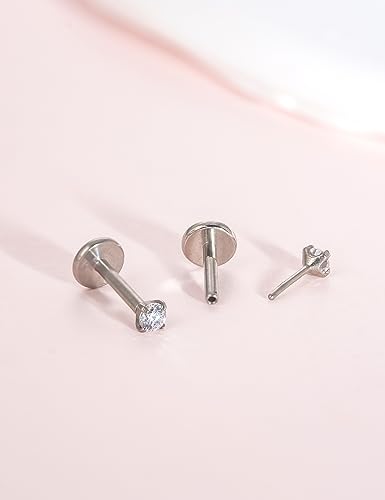 limerencia G23 Hypoallergenic 18g Flat Back Stud Earrings | F136 Implant Grade Titanium Pressfit Threadless Push Pop in Cartilage Helix Labret Lip Monroe Tragus Flat Back Piercing Studs - color: 2mm White CZ Silver