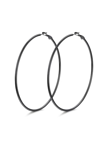 FindChic Thin Hoop Earrings for Women,Silver/Black/Gold Plated 20-100mm - color: Black, size: 80mm