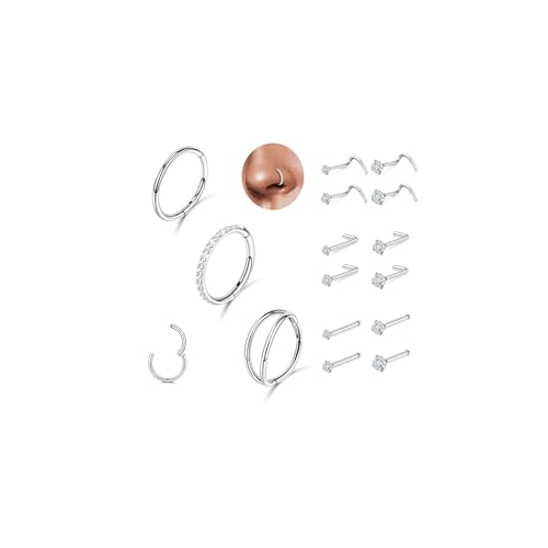20G/18G Nose Studs Stainless Steel Nose Piercing Nose Ring Set I L S Shape Body Piercing Nose Hoop Ring for Women Men - color: B-15PC-Silver