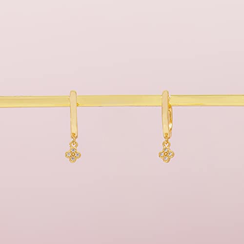 PAVOI 14K Gold Plated Huggie Hoop Earrings with Charms for Women - 925 Sterling Silver Posts Dainty Motif Huggie Hoop Dangle Earrings - Lightweight Dangle Drop Jewelry with Cubic Zirconia - style: Clover