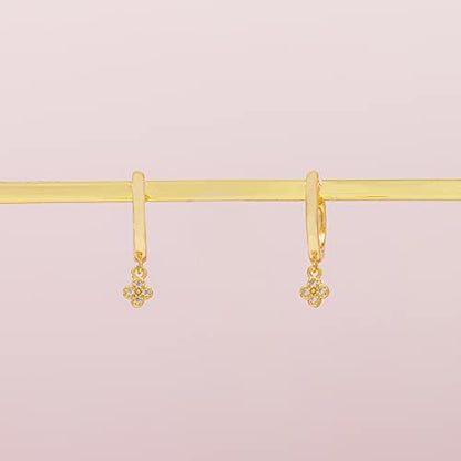 PAVOI 14K Gold Plated Huggie Hoop Earrings with Charms for Women - 925 Sterling Silver Posts Dainty Motif Huggie Hoop Dangle Earrings - Lightweight Dangle Drop Jewelry with Cubic Zirconia - style: Clover