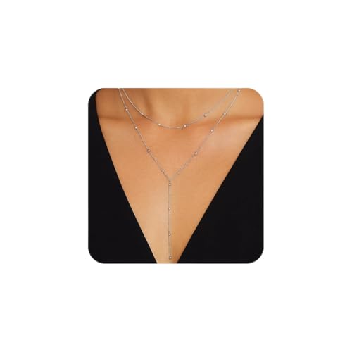 14K Gold Plated Y Necklace for Women – Dainty Lariat Long Pendant Chain, Layered Drop Necklace for V Neck Dress, Simple Sexy Cleavage Jewelry Gifts for Women - color: Silver - Double Layer - Bead