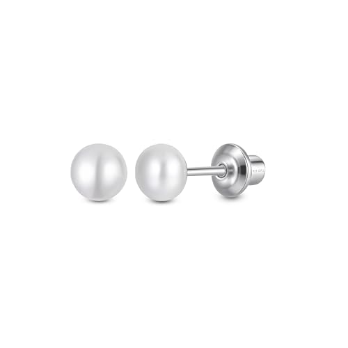 Pearl Screw Back Stud Earrings, 925 Sterling Silver Hypoallergenic - color: White, size: 5mm-Large