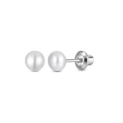 Pearl Screw Back Stud Earrings, 925 Sterling Silver Hypoallergenic - color: White, size: 5mm-Large