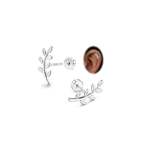 925 Sterling Silver Flat Back Stud Earrings for Women Hypoallergenic | 14K Gold Plated Cartilage Earrings for Sensitive Ears | Leaf Flower CZ Helix Tragus Piercing Jewelry - color: S-Leaf Style2