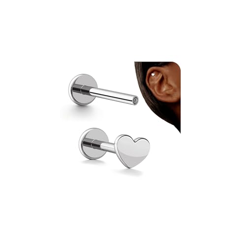 G23 Titanium 16G Tragus Conch Piercing Jewelry Flat Back Stud Earrings | Hypoallergenic CZ Nose Dangle Helix Medusa Lip Labret Body Piercing Jewelry, 14K Gold Plated, Silver, 6 and 8 mm Post Length - color: Heart-Titanium