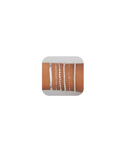 Gold Bracelets for Women 14K Gold Plated Stack Trend Bracelets Charm Paperclip Chain Cuban Link Layered Waterproof Bracelet Dainty Bracelet for Women Jewelry Gifts - color: Silver 6Pcs