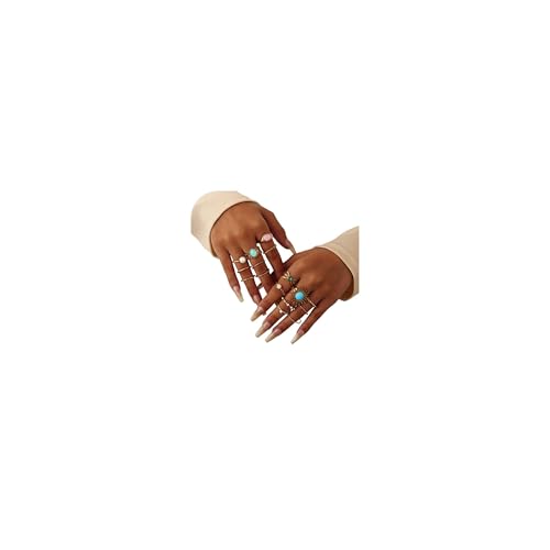 Chunky Gold Rings for Women Non Tarnish, Baroque Pearl Flower Tiger's Eye Stone Rings Adjustable Stacking Statement Rings Set Fashion Jewelry Gifts - style: Turquoise/Pearl/Green/Pink