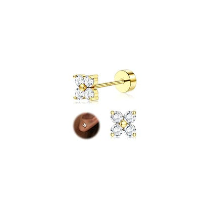 925 Sterling Silver Flat Back Stud Earrings for Women Hypoallergenic | 14K Gold Plated Cartilage Earrings for Sensitive Ears | Leaf Flower CZ Helix Tragus Piercing Jewelry - color: Gold-square