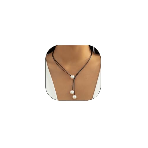 FUTIMELY Pearl Lariat Necklace for Women Black Leather Choker Necklace | Pearl jewelry,layered,cord,collar,wrap,minimalist,chunky,vintage,hanging,y shaped,long,birthday,party,aesthetic,accessories