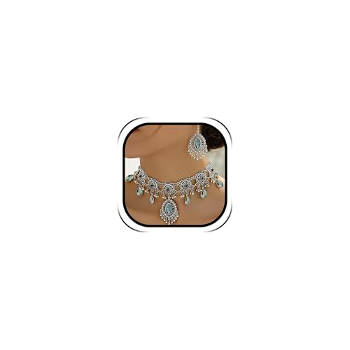 Frodete Indian Jewelry Sets for Women Traditional Bohemian Wedding Jewelry Set Indian Dresses for Women Oxidized Ethnic Party Prom Wear - color: D2:SILVER GREEN