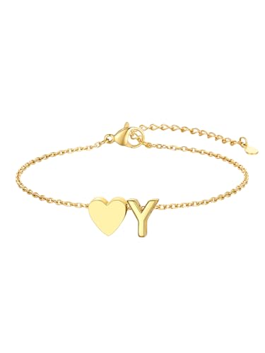 KeyStyle Initial Heart Bracelet for Women Waterproof Stainless Steel Chain | 14K Gold Plated /Silver A-Z Letter Adjustable Charm Bracelet, Hypoallergenic Non Tarnish Dainty Gift for Everyday Wear - color: 14K Gold Plated-Y