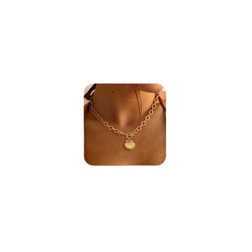 Freekiss 3-Piece Layered Toggle Necklace for Women | Gold/Silver necklace set with herringbone, rope, and paperclip chains plus a toggle clasp for layering, parties, and gifts - color: Shell Gold