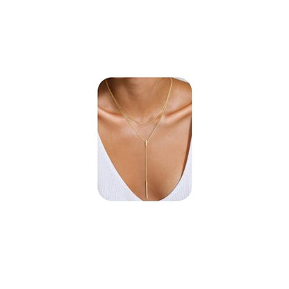 Yoosteel Long 14K-Gold-Plated Necklace for Women,Layered Lariat Necklaces | Dainty Y Drop Necklaces, Western Necklace Stack,Simple Bar Heart Circle Pendant,Prom Choker Chain Jewelry,Trendy Gifts - color: 01-Layered Long Bar Y-Shaped Necklace