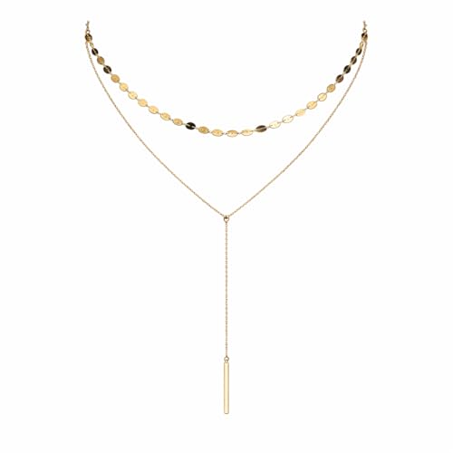 14K Gold Plated Y Necklace for Women – Dainty Lariat Long Pendant Chain, Layered Drop Necklace for V Neck Dress, Simple Sexy Cleavage Jewelry Gifts for Women - color: Gold - Double layered - Sugar cube