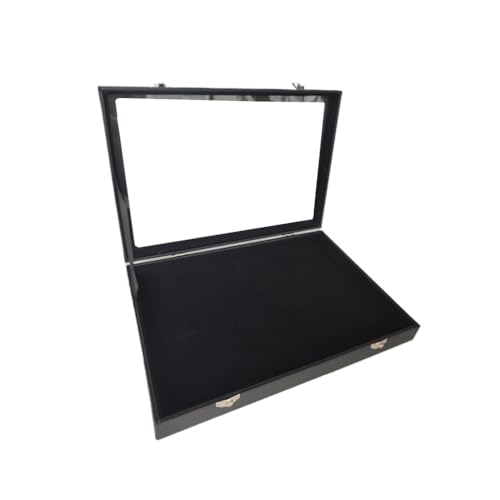 Wooden Jewelry Organizer Tray Box with Clear Lid, Travel Rectangle Organization Storage Box with Metal Clasp, Velvet Blank Jewelry Display Case for Necklaces Bracelets Rings Accessories (Black)