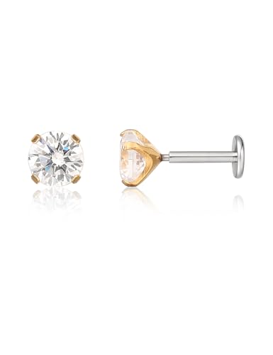 limerencia G23 Hypoallergenic 18g Flat Back Stud Earrings | F136 Implant Grade Titanium Pressfit Threadless Push Pop in Cartilage Helix Labret Lip Monroe Tragus Flat Back Piercing Studs - color: 4mm White CZ Gold