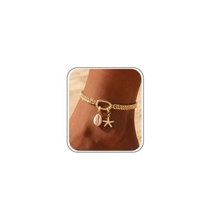 Anklets for Women Waterproof, 14K Gold Plated Anklet Non Tarnish | Ankle Bracelet for Women with Removable Starfish Shell Charms, Cuban Link Anklet for Big Ankles, Summer Beach Jewelry - style: Style1