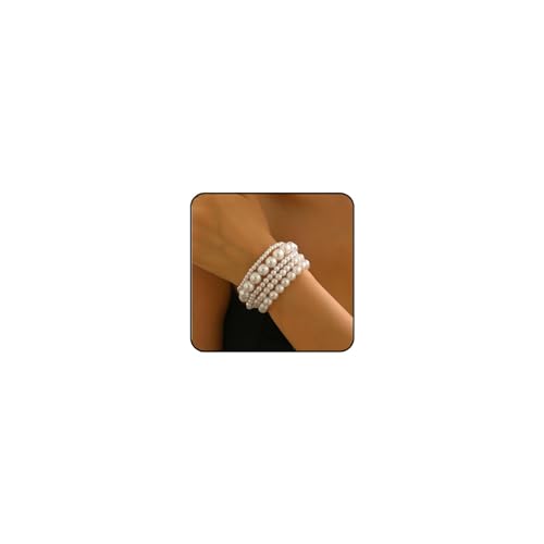 Pearl Bracelets for Women Simulated Pearl Beaded Bracelet White Pearls Stackable Stretch Bracelet Set Multilayered Elastic Pearls Bracelets for Women Bridesmaid Bridal Jewelry - color: pearl