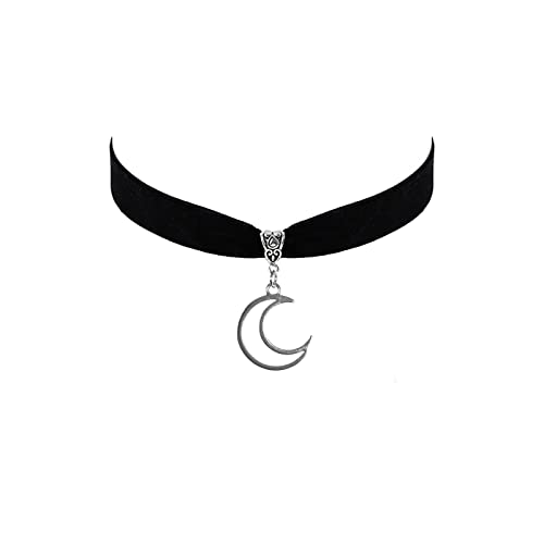 Gothic Black Velvet Goth Choker Necklace for Women,Cameo Black Choker Crow Skull Pendant Necklace Vintage Collar Skull Necklace Gothic Jewelry - style: Moon