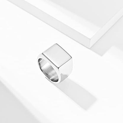 Kemstone Square Signet Ring for Men - Stainless Steel Flat Top Heavy Geometric Silver Gold Black - color: Silver, size: 9#