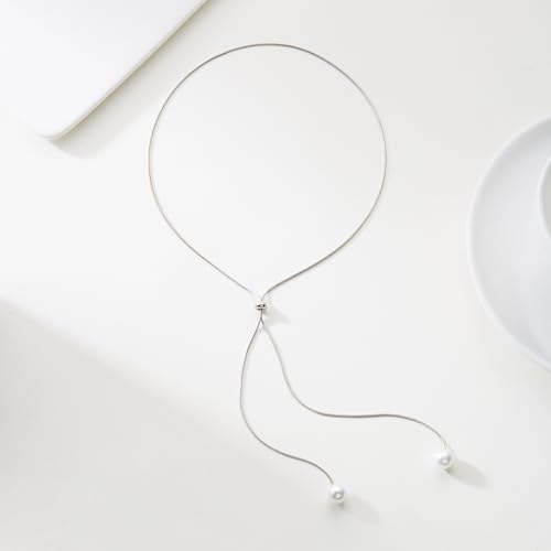 Pearl Necklace Set for Women Long Necklace Pearl Jewelry Beaded Design Drop Y Lariat Style Gift - color: Silver Y Pearl Necklace