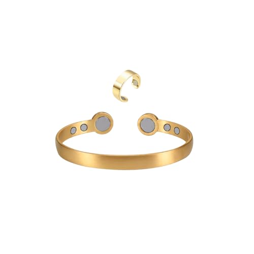 Calming Bracelet Ring Set for Women, Menopause Bracelets Adjustable Bangle Stainless Steel Cuff Climacterium Anxiety Stress Relief Energy Open Jewelry Gift - color: Gold PRO + Gold